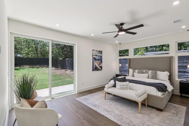 5700 Louise Ln, Austin, TX 78757 - bedroom with access to exterior, wood finished floors, recessed lighting, and ceiling fan