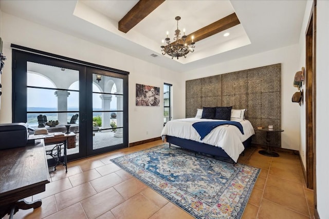bedroom with a raised ceiling, multiple windows, a chandelier, light tile patterned floors, and beam ceiling