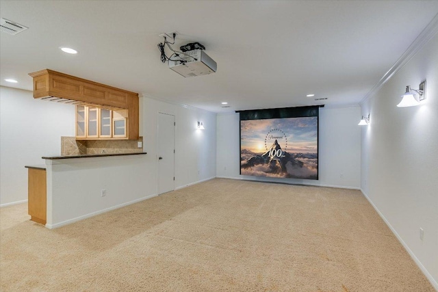 17120 Northlake Hills Dr, Jonestown, TX 78645 - home theater room with carpet floors, ornamental molding, and recessed lighting