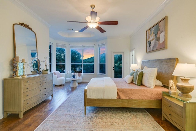 17120 Northlake Hills Dr, Jonestown, TX 78645 - bedroom featuring dark wood finished floors, crown molding, and a ceiling fan