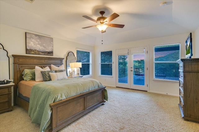 17120 Northlake Hills Dr, Jonestown, TX 78645 - bedroom with access to outside, light colored carpet, french doors, and a ceiling fan