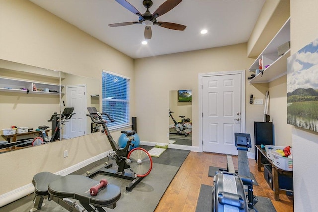 17120 Northlake Hills Dr, Jonestown, TX 78645 - exercise area featuring a ceiling fan, hardwood / wood-style floors, and recessed lighting