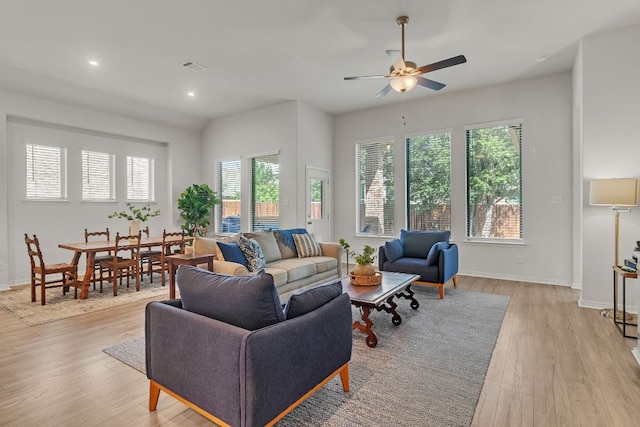 7901 Sunrise Ravine Pass, Lago Vista, TX 78645 - living area with light wood-style floors, a ceiling fan, and recessed lighting