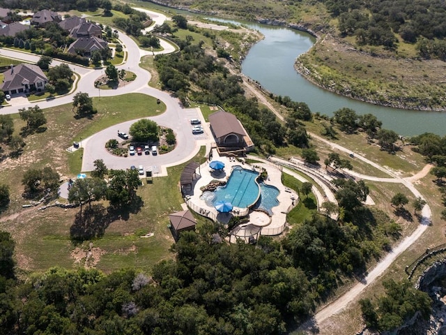 7901 Sunrise Ravine Pass, Lago Vista, TX 78645 - aerial view of property's location with a large body of water and a pool