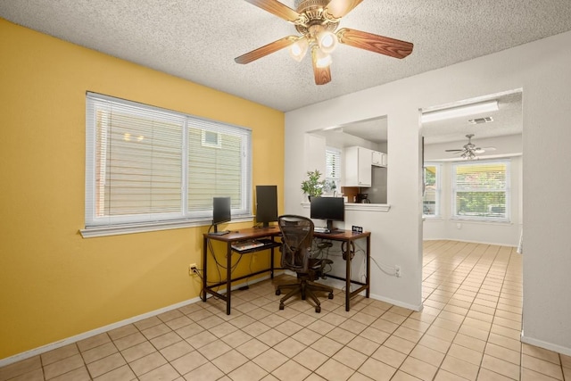 2810 Goldbridge Dr, Austin, TX 78745 - office area featuring ceiling fan, a textured ceiling, and light tile patterned floors