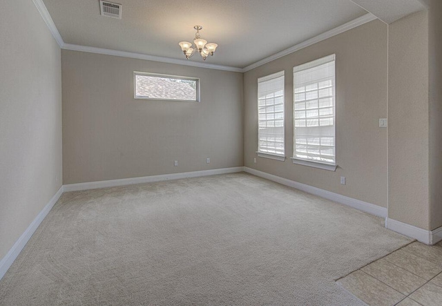 5821 Viejo Dr, Austin, TX 78738 - unfurnished room featuring crown molding, a chandelier, and light colored carpet
