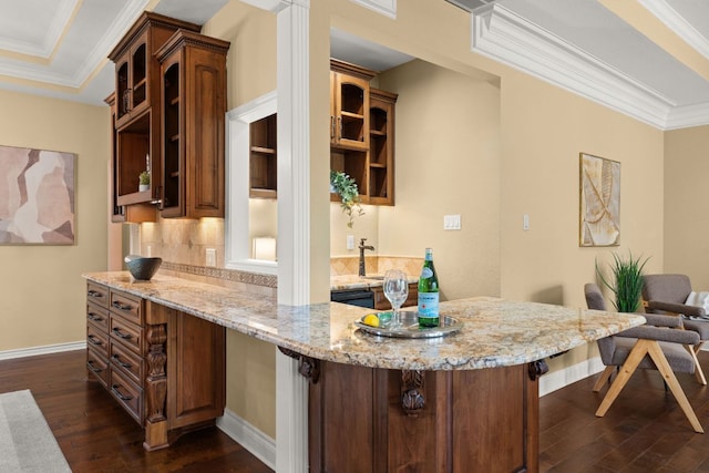 4206 River Place Blvd, Austin, TX 78730 - kitchen featuring open shelves, dark wood-type flooring, a kitchen breakfast bar, a peninsula, and decorative backsplash