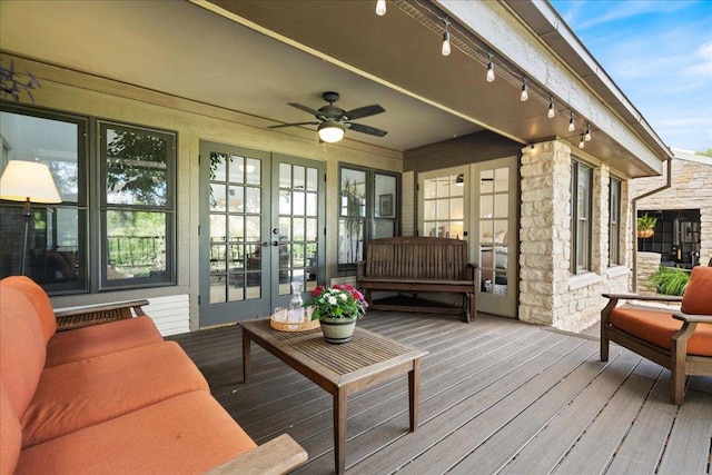 110 W Eagle Dr, The Hills, TX 78738 - wooden terrace featuring french doors, a ceiling fan, and an outdoor living space