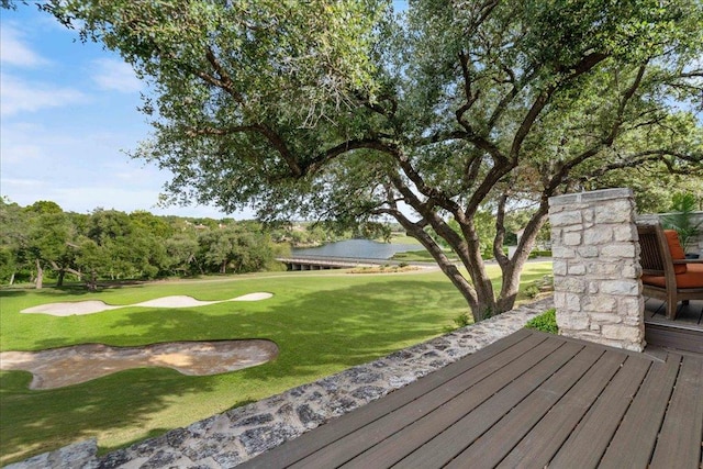 110 W Eagle Dr, The Hills, TX 78738 - wooden terrace featuring golf course view, a water view, and a lawn