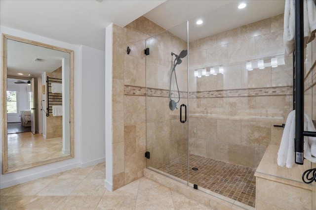 110 W Eagle Dr, The Hills, TX 78738 - bathroom featuring a shower stall, tile patterned floors, and recessed lighting