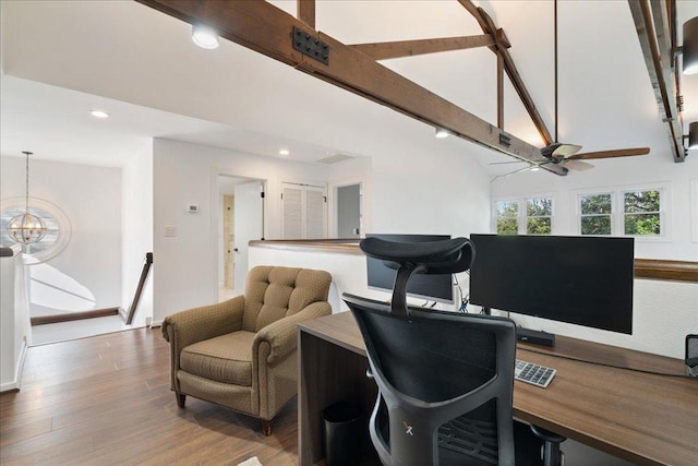 110 W Eagle Dr, The Hills, TX 78738 - office area with recessed lighting, ceiling fan, wood finished floors, and a chandelier