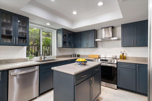 110 W Eagle Dr, The Hills, TX 78738 - kitchen featuring wall chimney range hood, stainless steel appliances, a tray ceiling, crown molding, and a kitchen island