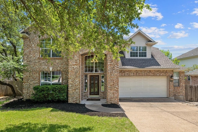 2743 Grimes Ranch Rd, Austin, TX 78732 - traditional-style home with concrete driveway, brick siding, roof with shingles, and a garage