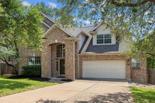 2743 Grimes Ranch Rd, Austin, TX 78732 - traditional-style home featuring concrete driveway, brick siding, roof with shingles, and an attached garage