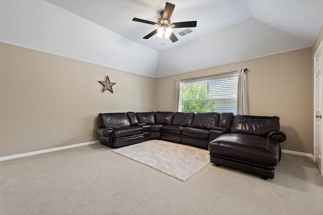 2743 Grimes Ranch Rd, Austin, TX 78732 - living room featuring carpet flooring, a ceiling fan, and vaulted ceiling