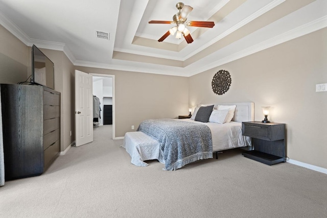 2743 Grimes Ranch Rd, Austin, TX 78732 - bedroom with carpet, crown molding, a raised ceiling, and ceiling fan