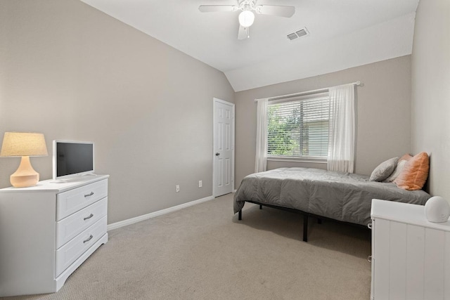 2743 Grimes Ranch Rd, Austin, TX 78732 - bedroom featuring light colored carpet, vaulted ceiling, and a ceiling fan