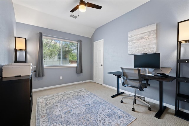 2743 Grimes Ranch Rd, Austin, TX 78732 - office with a ceiling fan, carpet flooring, and lofted ceiling