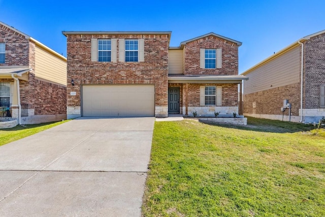 1305 Cozy Creek Dr, Temple, TX 76502 - traditional-style house with brick siding, an attached garage, driveway, and a front lawn