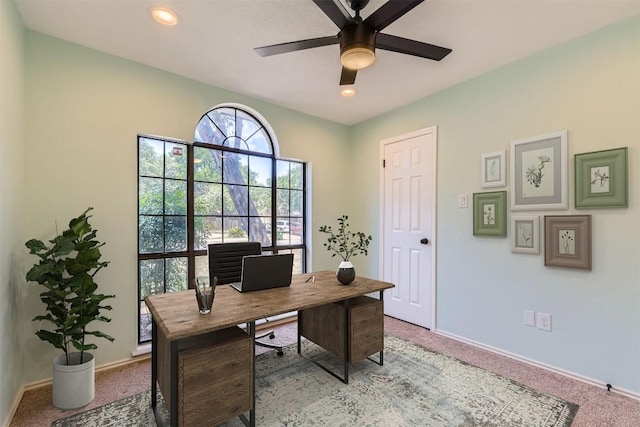 11325 Stormy Ridge Rd, Austin, TX 78739 - office area with light carpet, a ceiling fan, and recessed lighting