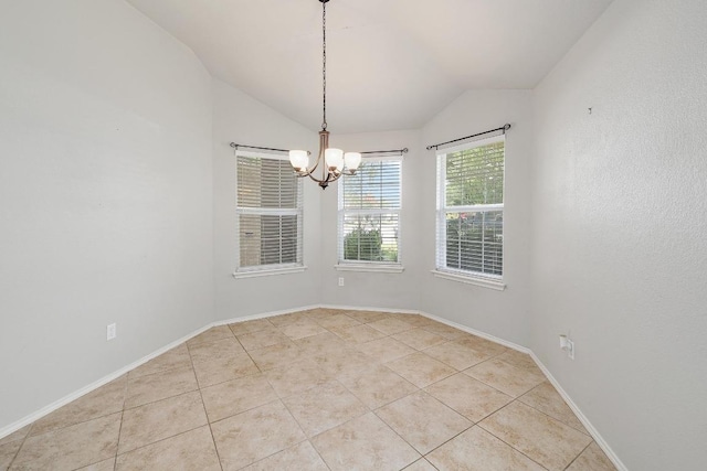 17729 Cahir Glen Cv, Pflugerville, TX 78660 - unfurnished dining area featuring lofted ceiling, a chandelier, and light tile patterned floors