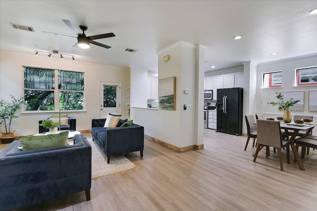 1303UNIT13A N Cuernavaca Dr Unit A13, Austin, TX 78733 - living area featuring light wood finished floors, ornamental molding, ceiling fan, and recessed lighting