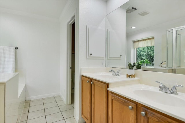 1303UNIT13A N Cuernavaca Dr Unit A13, Austin, TX 78733 - bathroom with vanity, ornamental molding, a bath, tile patterned floors, and a shower with door