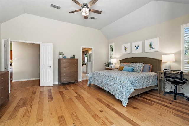 10628 Indigo Broom Loop, Austin, TX 78733 - bedroom featuring vaulted ceiling, light wood finished floors, and ceiling fan