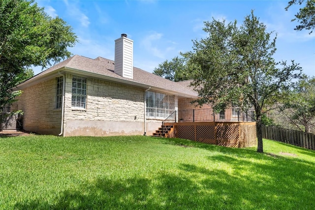 10628 Indigo Broom Loop, Austin, TX 78733 - view of side of home featuring stone siding, a wooden deck, a chimney, a shingled roof, and stairway