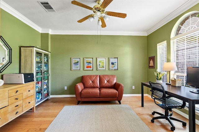 10628 Indigo Broom Loop, Austin, TX 78733 - home office with wood finished floors, crown molding, and ceiling fan
