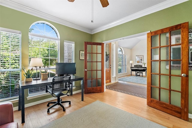 10628 Indigo Broom Loop, Austin, TX 78733 - office with french doors, hardwood / wood-style floors, crown molding, a ceiling fan, and vaulted ceiling