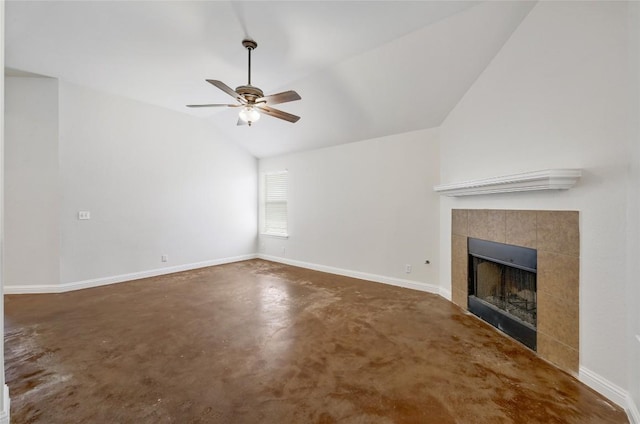 103 Towan Way, Hutto, TX 78634 - unfurnished living room with finished concrete floors, a tile fireplace, ceiling fan, and lofted ceiling