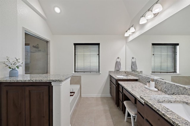 22300 Chipotle Pass, Spicewood, TX 78669 - full bath with lofted ceiling, vanity, a bath, tiled shower, and tile patterned floors