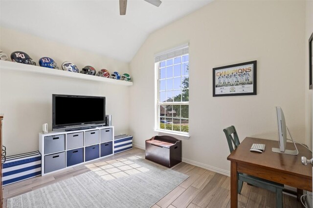 22300 Chipotle Pass, Spicewood, TX 78669 - office space featuring a ceiling fan, vaulted ceiling, plenty of natural light, and wood finished floors
