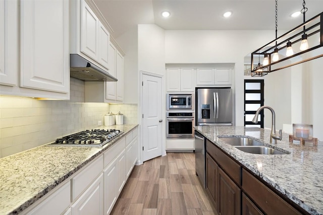 22300 Chipotle Pass, Spicewood, TX 78669 - kitchen with stainless steel appliances, under cabinet range hood, dark brown cabinetry, white cabinets, and tasteful backsplash