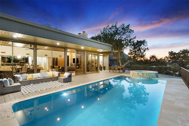 821 Malabar St, Austin, TX 78734 - view of swimming pool with outdoor lounge area, outdoor dining area, a pool with connected hot tub, a patio area, and a ceiling fan
