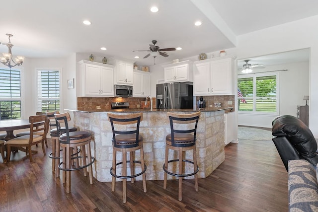 30112 Twin Creek Dr, Georgetown, TX 78626 - kitchen featuring appliances with stainless steel finishes, a ceiling fan, dark wood-type flooring, decorative backsplash, and recessed lighting