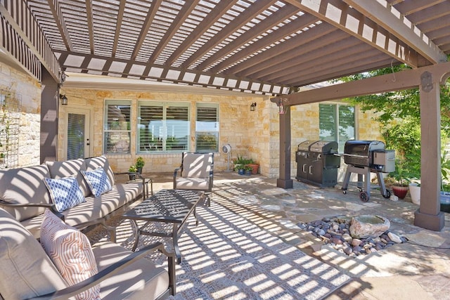 30112 Twin Creek Dr, Georgetown, TX 78626 - view of patio with an outdoor living space, grilling area, and a pergola