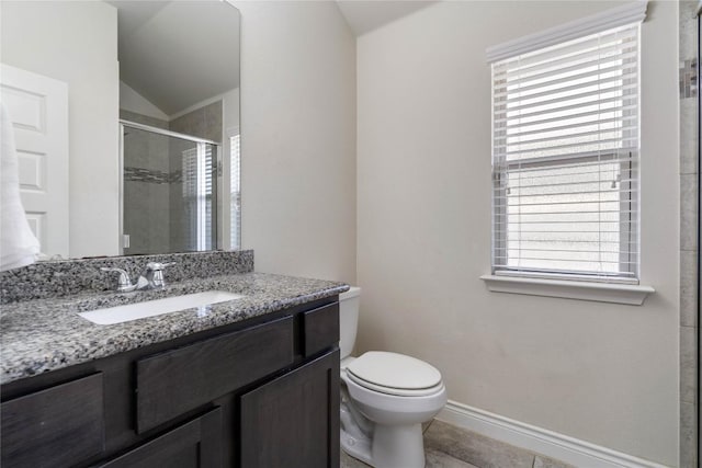 136 W Highfield St, Hutto, TX 78634 - bathroom featuring vaulted ceiling, a stall shower, vanity, plenty of natural light, and tile patterned floors
