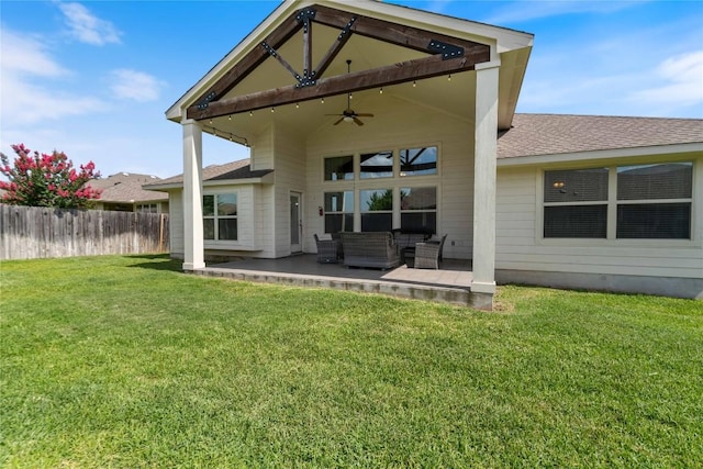 136 W Highfield St, Hutto, TX 78634 - rear view of property with outdoor lounge area, a ceiling fan, roof with shingles, and a patio