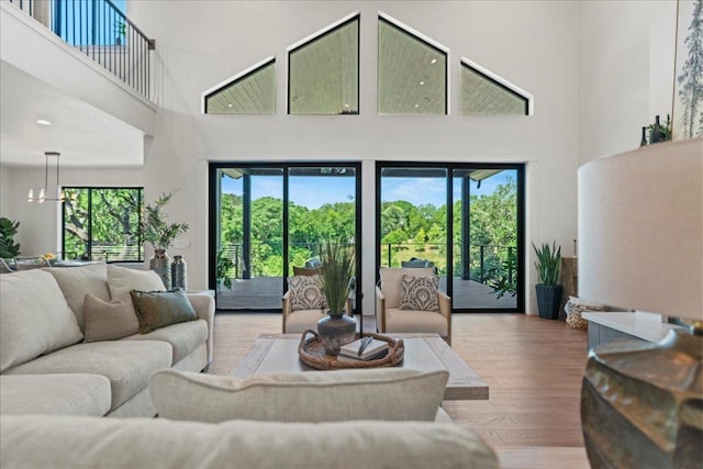 202 Hub Dr, Wimberley, TX 78676 - living area featuring a high ceiling, wood finished floors, and a chandelier