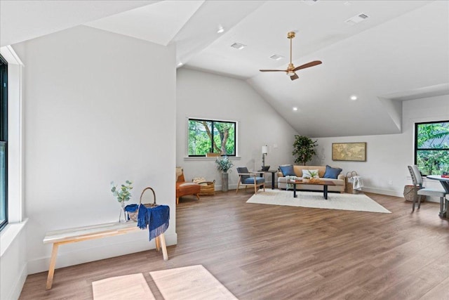 202 Hub Dr, Wimberley, TX 78676 - living room with lofted ceiling, ceiling fan, wood finished floors, and recessed lighting