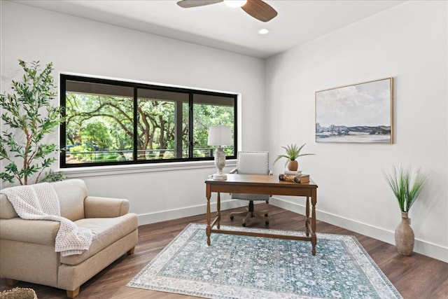 202 Hub Dr, Wimberley, TX 78676 - office area with ceiling fan, recessed lighting, and wood finished floors