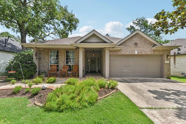 4005 Travis Country Cir, Austin, TX 78735 - ranch-style home featuring an attached garage, driveway, covered porch, brick siding, and roof with shingles
