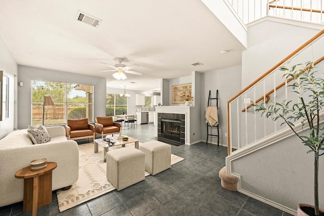 4460 Bremner Dr, Austin, TX 78749 - living room featuring stairs and ceiling fan