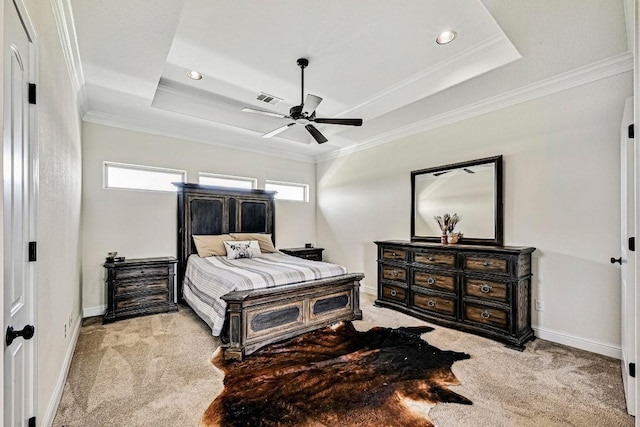 312 First Down Dash, Bertram, TX 78611 - carpeted bedroom with a tray ceiling, crown molding, recessed lighting, and ceiling fan