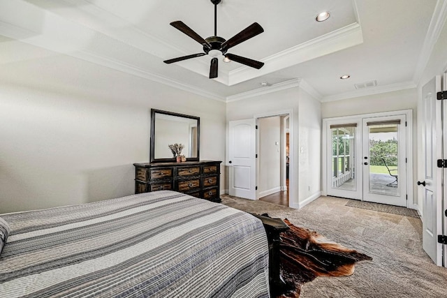 312 First Down Dash, Bertram, TX 78611 - carpeted bedroom featuring a raised ceiling, access to outside, french doors, ornamental molding, and recessed lighting