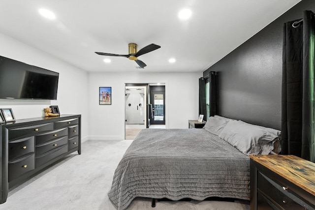 12501 Mixson Dr, Austin, TX 78732 - bedroom featuring light colored carpet, recessed lighting, and ceiling fan