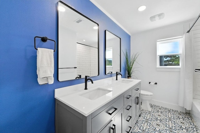 12501 Mixson Dr, Austin, TX 78732 - bathroom with double vanity, shower / bath combo, tile patterned flooring, and recessed lighting