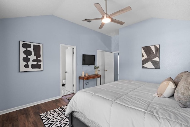 501 Battlecreek Ln, Leander, TX 78641 - bedroom featuring wood finished floors, ceiling fan, connected bathroom, and high vaulted ceiling